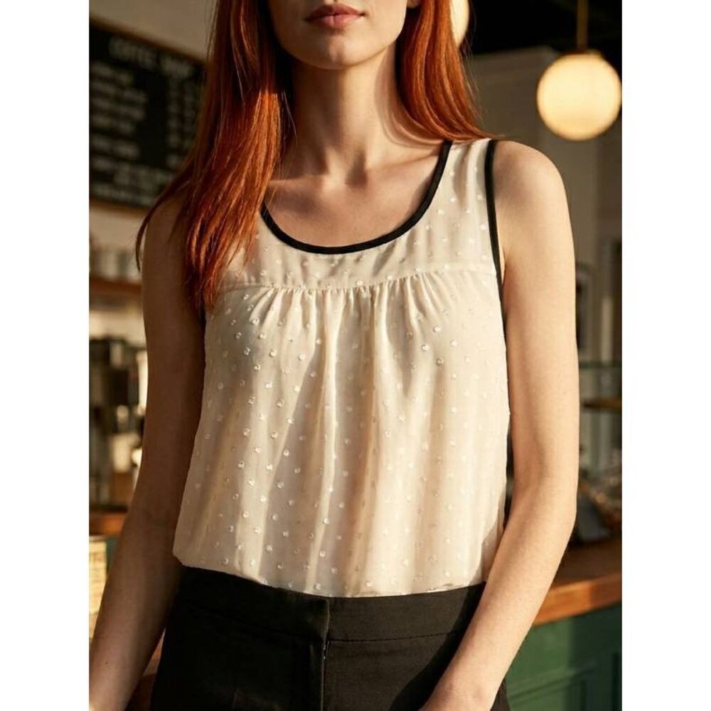 🔹️Monteau Cream & Gold Polka Dot Semi Sheer Sleeveless Top Medium